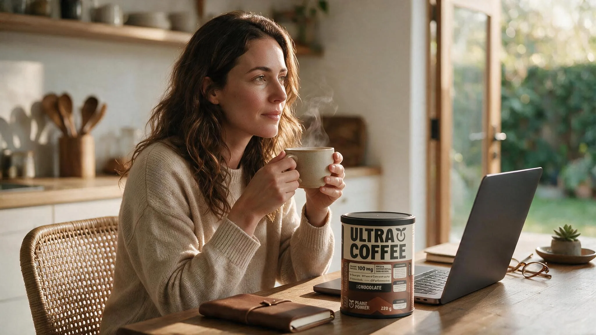 Mulher tomando Ultracoffee em casa